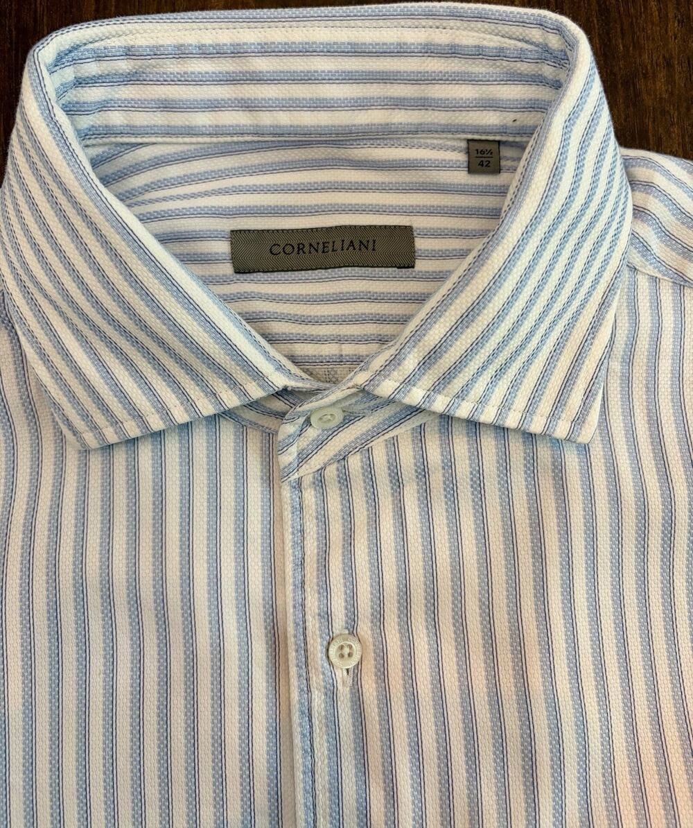 V-5 Corneliani Italy Striped Dress men’s Shirt 16.5 42 L Blue White Nice!
